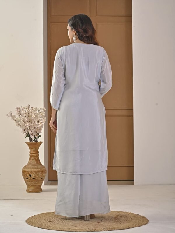 Ice Blue Pearl-Embellished Kurta Palazzo Set ethnic wear for women, festive ethnic wear, festive suit set, lightweight silk blend suit, silk blend suit set, silk kurta set, women’s silk suit 