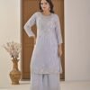 Ice Blue Pearl-Embellished Kurta Palazzo Set ethnic wear for women, festive ethnic wear, festive suit set, lightweight silk blend suit, silk blend suit set, silk kurta set, women’s silk suit 