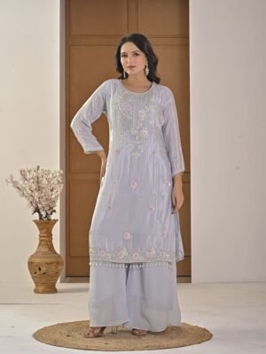 Ice Blue Pearl-Embellished Kurta Palazzo Set