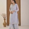 Ice Blue Pearl-Embellished Kurta Palazzo Set ethnic wear for women, festive ethnic wear, festive suit set, lightweight silk blend suit, silk blend suit set, silk kurta set, women’s silk suit 