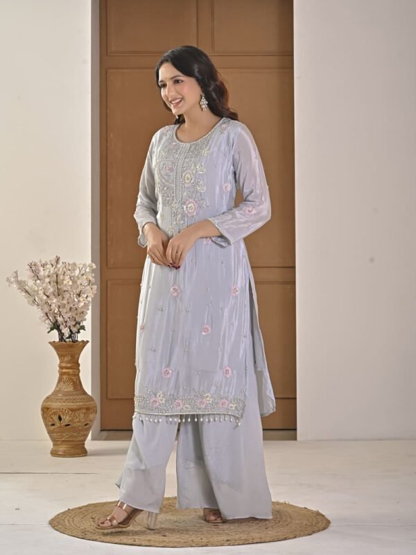Ice Blue Pearl-Embellished Kurta Palazzo Set ethnic wear for women, festive ethnic wear, festive suit set, lightweight silk blend suit, silk blend suit set, silk kurta set, women’s silk suit 
