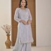 Ice Blue Pearl-Embellished Kurta Palazzo Set ethnic wear for women, festive ethnic wear, festive suit set, lightweight silk blend suit, silk blend suit set, silk kurta set, women’s silk suit 