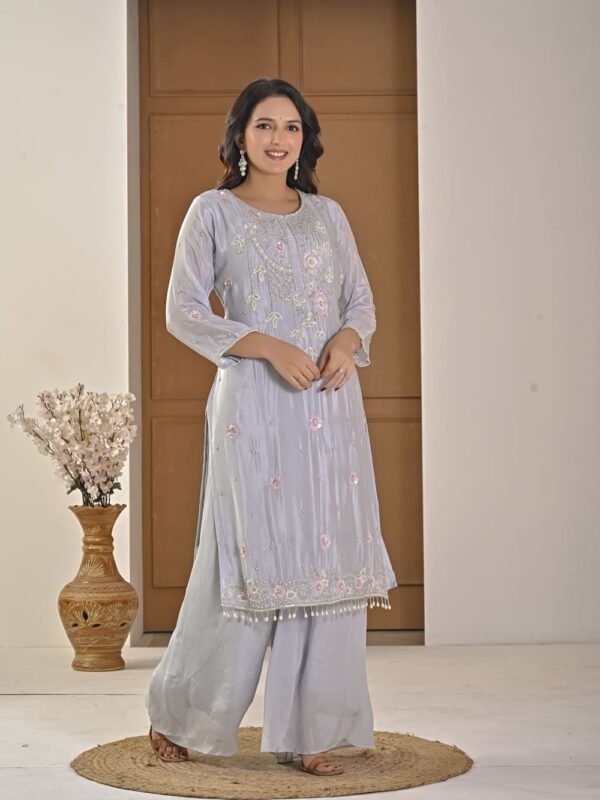 Ice Blue Pearl-Embellished Kurta Palazzo Set ethnic wear for women, festive ethnic wear, festive suit set, lightweight silk blend suit, silk blend suit set, silk kurta set, women’s silk suit 