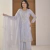 Ice Blue Pearl-Embellished Kurta Palazzo Set ethnic wear for women, festive ethnic wear, festive suit set, lightweight silk blend suit, silk blend suit set, silk kurta set, women’s silk suit 