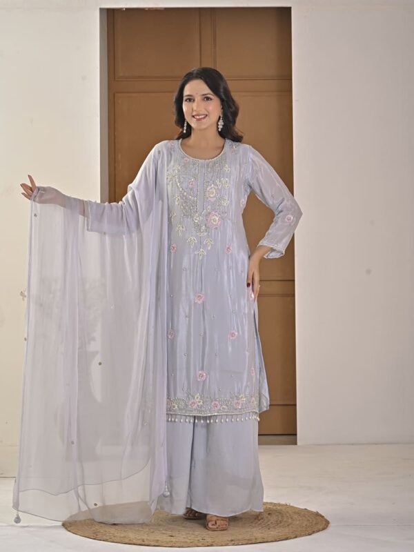 Ice Blue Pearl-Embellished Kurta Palazzo Set ethnic wear for women, festive ethnic wear, festive suit set, lightweight silk blend suit, silk blend suit set, silk kurta set, women’s silk suit 