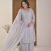 Ice Blue Pearl-Embellished Kurta Palazzo Set ethnic wear for women, festive ethnic wear, festive suit set, lightweight silk blend suit, silk blend suit set, silk kurta set, women’s silk suit 