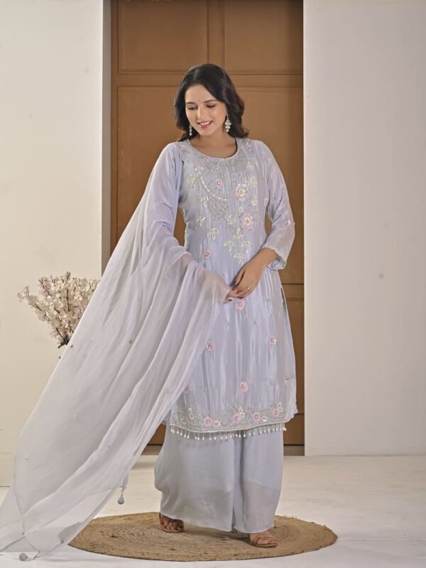 Ice Blue Pearl-Embellished Kurta Palazzo Set ethnic wear for women, festive ethnic wear, festive suit set, lightweight silk blend suit, silk blend suit set, silk kurta set, women’s silk suit 