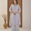 Ice Blue Pearl-Embellished Kurta Palazzo Set ethnic wear for women, festive ethnic wear, festive suit set, lightweight silk blend suit, silk blend suit set, silk kurta set, women’s silk suit 