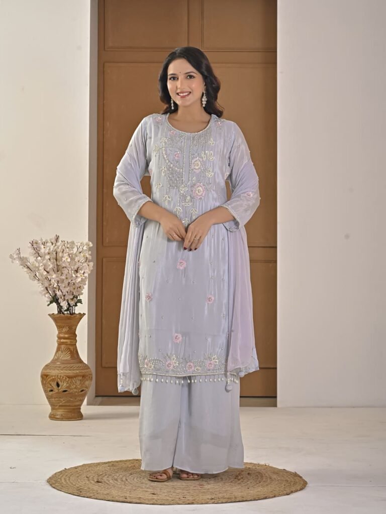 Ice Blue Pearl-Embellished Kurta Palazzo Set ethnic wear for women, festive ethnic wear, festive suit set, lightweight silk blend suit, silk blend suit set, silk kurta set, women’s silk suit 