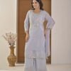 Ice Blue Pearl-Embellished Kurta Palazzo Set ethnic wear for women, festive ethnic wear, festive suit set, lightweight silk blend suit, silk blend suit set, silk kurta set, women’s silk suit 