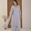 Ice Blue Pearl-Embellished Kurta Palazzo Set ethnic wear for women, festive ethnic wear, festive suit set, lightweight silk blend suit, silk blend suit set, silk kurta set, women’s silk suit 