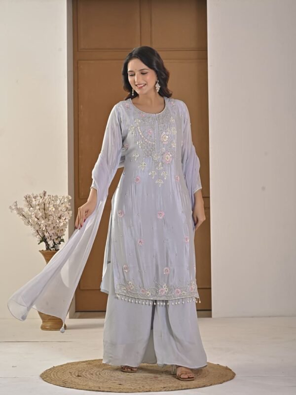 Ice Blue Pearl-Embellished Kurta Palazzo Set ethnic wear for women, festive ethnic wear, festive suit set, lightweight silk blend suit, silk blend suit set, silk kurta set, women’s silk suit 