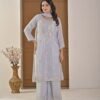 Ice Blue Pearl-Embellished Kurta Palazzo Set ethnic wear for women, festive ethnic wear, festive suit set, lightweight silk blend suit, silk blend suit set, silk kurta set, women’s silk suit 