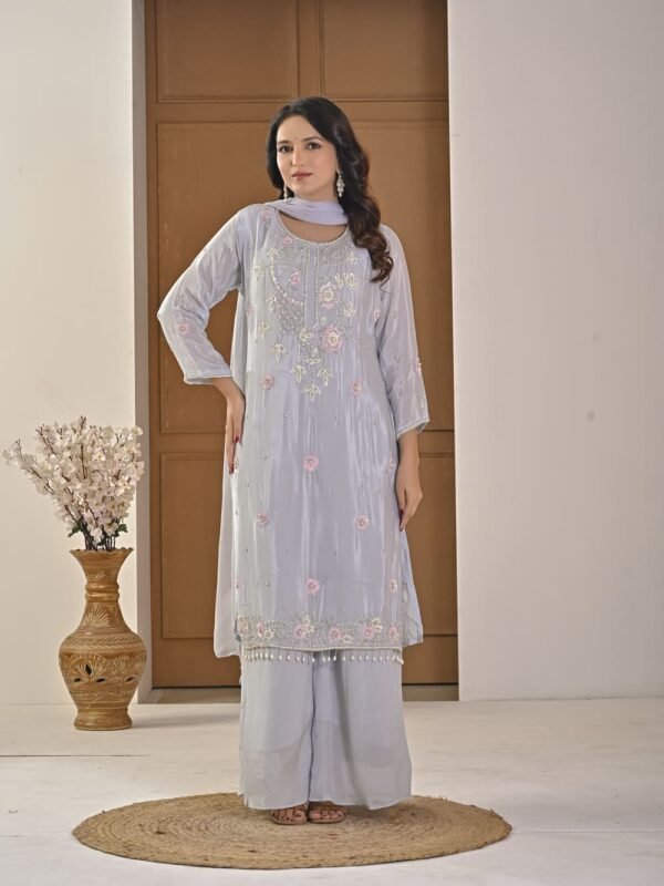 Ice Blue Pearl-Embellished Kurta Palazzo Set ethnic wear for women, festive ethnic wear, festive suit set, lightweight silk blend suit, silk blend suit set, silk kurta set, women’s silk suit 