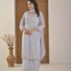 Ice Blue Pearl-Embellished Kurta Palazzo Set ethnic wear for women, festive ethnic wear, festive suit set, lightweight silk blend suit, silk blend suit set, silk kurta set, women’s silk suit 