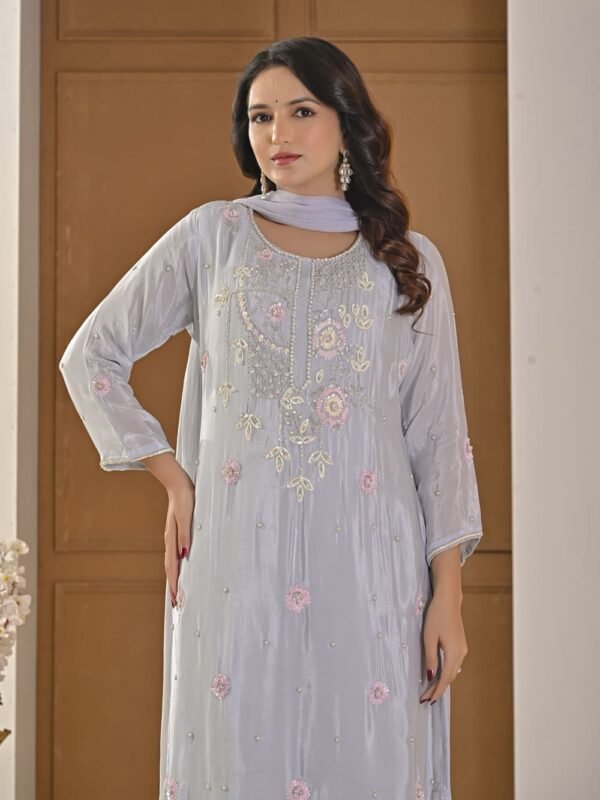 Ice Blue Pearl-Embellished Kurta Palazzo Set ethnic wear for women, festive ethnic wear, festive suit set, lightweight silk blend suit, silk blend suit set, silk kurta set, women’s silk suit 