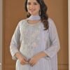 Ice Blue Pearl-Embellished Kurta Palazzo Set ethnic wear for women, festive ethnic wear, festive suit set, lightweight silk blend suit, silk blend suit set, silk kurta set, women’s silk suit 