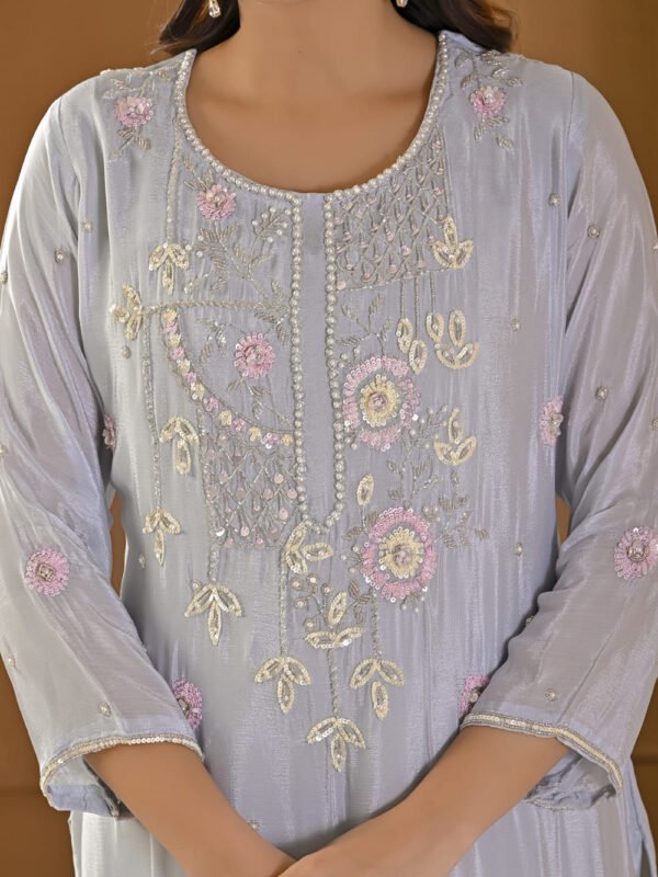 Ice Blue Pearl-Embellished Kurta Palazzo Set ethnic wear for women, festive ethnic wear, festive suit set, lightweight silk blend suit, silk blend suit set, silk kurta set, women’s silk suit 