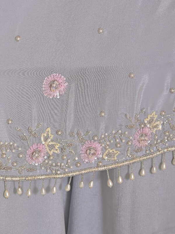 Ice Blue Pearl-Embellished Kurta Palazzo Set ethnic wear for women, festive ethnic wear, festive suit set, lightweight silk blend suit, silk blend suit set, silk kurta set, women’s silk suit 