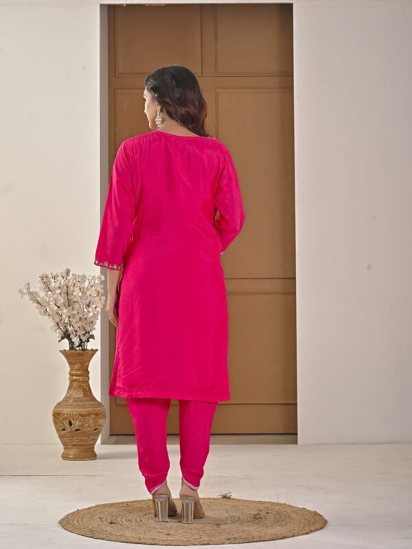 Festive Fuchsia Pink Chinnon Kurti & Dhoti Pant Set with Hand Embroidery ethnic wear for women, festive ethnic wear, festive suit set, lightweight silk blend suit, silk blend suit set, silk kurta set, women’s silk suit 