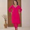 Festive Fuchsia Pink Chinnon Kurti & Dhoti Pant Set with Hand Embroidery ethnic wear for women, festive ethnic wear, festive suit set, lightweight silk blend suit, silk blend suit set, silk kurta set, women’s silk suit 