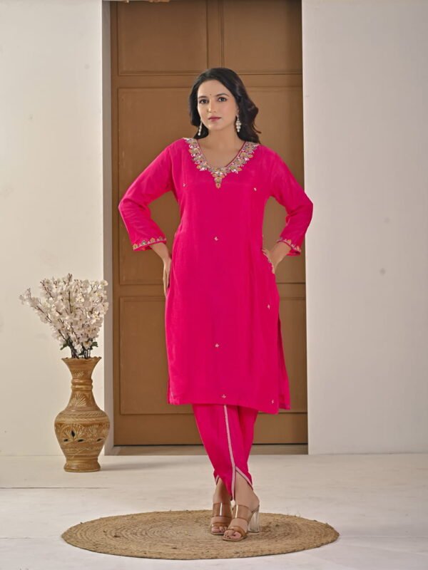 Festive Fuchsia Pink Chinnon Kurti & Dhoti Pant Set with Hand Embroidery ethnic wear for women, festive ethnic wear, festive suit set, lightweight silk blend suit, silk blend suit set, silk kurta set, women’s silk suit 