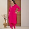 Festive Fuchsia Pink Chinnon Kurti & Dhoti Pant Set with Hand Embroidery ethnic wear for women, festive ethnic wear, festive suit set, lightweight silk blend suit, silk blend suit set, silk kurta set, women’s silk suit 