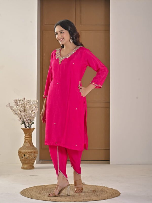 Festive Fuchsia Pink Chinnon Kurti & Dhoti Pant Set with Hand Embroidery ethnic wear for women, festive ethnic wear, festive suit set, lightweight silk blend suit, silk blend suit set, silk kurta set, women’s silk suit 