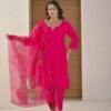 Festive Fuchsia Pink Chinnon Kurti & Dhoti Pant Set with Hand Embroidery ethnic wear for women, festive ethnic wear, festive suit set, lightweight silk blend suit, silk blend suit set, silk kurta set, women’s silk suit 