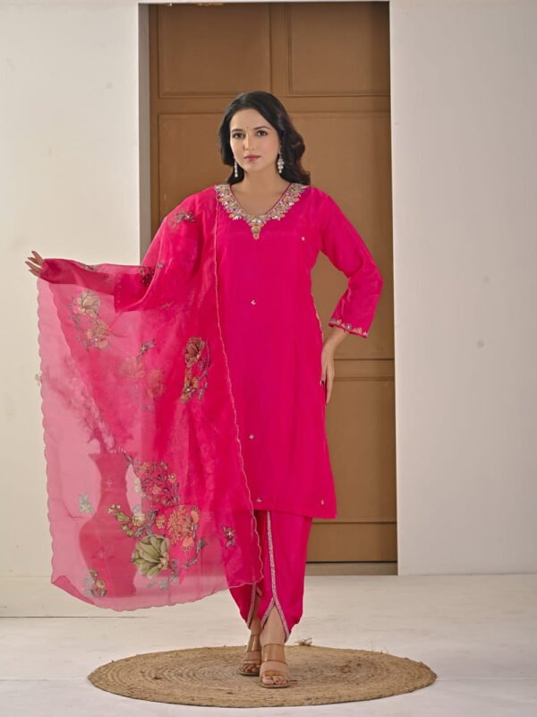 Festive Fuchsia Pink Chinnon Kurti & Dhoti Pant Set with Hand Embroidery ethnic wear for women, festive ethnic wear, festive suit set, lightweight silk blend suit, silk blend suit set, silk kurta set, women’s silk suit 