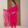 Festive Fuchsia Pink Chinnon Kurti & Dhoti Pant Set with Hand Embroidery ethnic wear for women, festive ethnic wear, festive suit set, lightweight silk blend suit, silk blend suit set, silk kurta set, women’s silk suit 