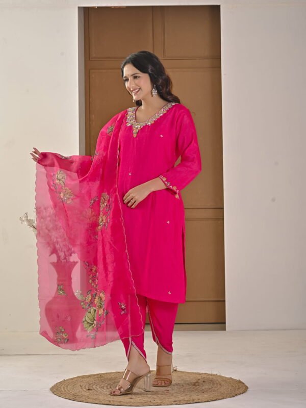 Festive Fuchsia Pink Chinnon Kurti & Dhoti Pant Set with Hand Embroidery ethnic wear for women, festive ethnic wear, festive suit set, lightweight silk blend suit, silk blend suit set, silk kurta set, women’s silk suit 