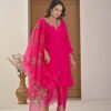 Festive Fuchsia Pink Chinnon Kurti & Dhoti Pant Set with Hand Embroidery ethnic wear for women, festive ethnic wear, festive suit set, lightweight silk blend suit, silk blend suit set, silk kurta set, women’s silk suit 