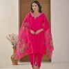 Festive Fuchsia Pink Chinnon Kurti & Dhoti Pant Set with Hand Embroidery ethnic wear for women, festive ethnic wear, festive suit set, lightweight silk blend suit, silk blend suit set, silk kurta set, women’s silk suit 