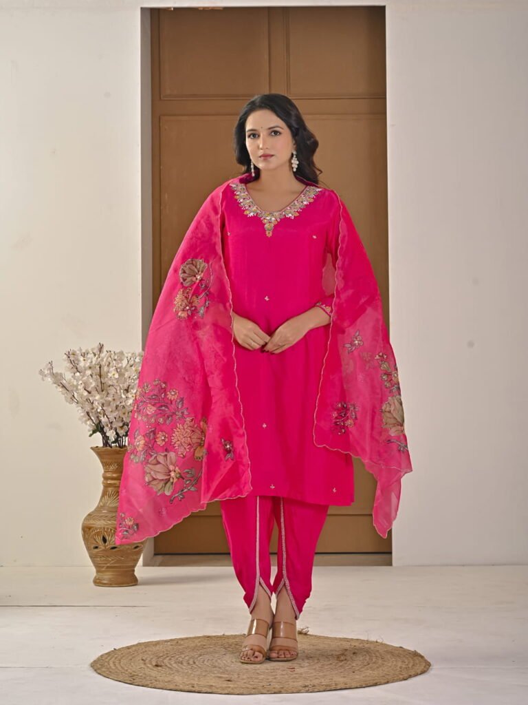 Festive Fuchsia Pink Chinnon Kurti & Dhoti Pant Set with Hand Embroidery ethnic wear for women, festive ethnic wear, festive suit set, lightweight silk blend suit, silk blend suit set, silk kurta set, women’s silk suit 