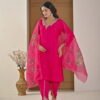 Festive Fuchsia Pink Chinnon Kurti & Dhoti Pant Set with Hand Embroidery ethnic wear for women, festive ethnic wear, festive suit set, lightweight silk blend suit, silk blend suit set, silk kurta set, women’s silk suit 