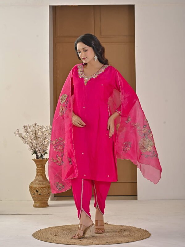 Festive Fuchsia Pink Chinnon Kurti & Dhoti Pant Set with Hand Embroidery ethnic wear for women, festive ethnic wear, festive suit set, lightweight silk blend suit, silk blend suit set, silk kurta set, women’s silk suit 