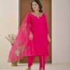 Festive Fuchsia Pink Chinnon Kurti & Dhoti Pant Set with Hand Embroidery ethnic wear for women, festive ethnic wear, festive suit set, lightweight silk blend suit, silk blend suit set, silk kurta set, women’s silk suit 