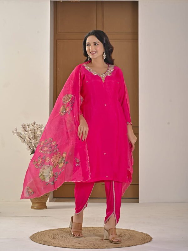 Festive Fuchsia Pink Chinnon Kurti & Dhoti Pant Set with Hand Embroidery ethnic wear for women, festive ethnic wear, festive suit set, lightweight silk blend suit, silk blend suit set, silk kurta set, women’s silk suit 