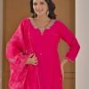 Festive Fuchsia Pink Chinnon Kurti & Dhoti Pant Set with Hand Embroidery ethnic wear for women, festive ethnic wear, festive suit set, lightweight silk blend suit, silk blend suit set, silk kurta set, women’s silk suit 
