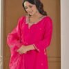 Festive Fuchsia Pink Chinnon Kurti & Dhoti Pant Set with Hand Embroidery ethnic wear for women, festive ethnic wear, festive suit set, lightweight silk blend suit, silk blend suit set, silk kurta set, women’s silk suit 
