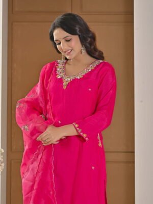 Festive Fuchsia Pink Chinnon Kurti & Dhoti Pant Set with Hand Embroidery