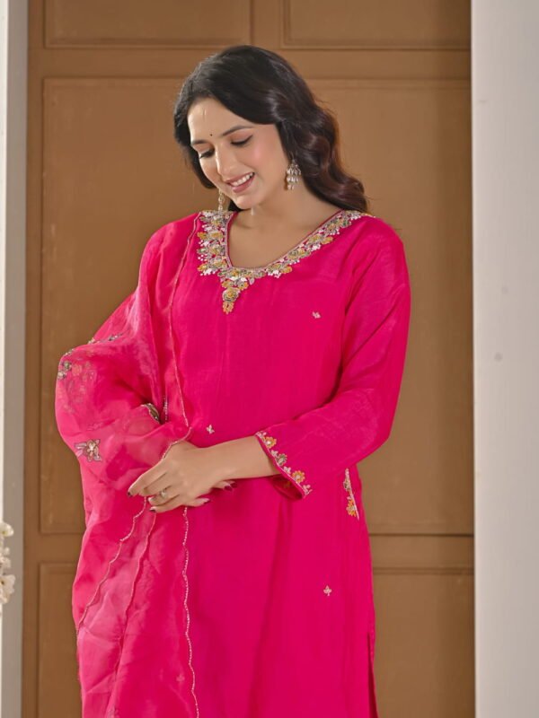Festive Fuchsia Pink Chinnon Kurti & Dhoti Pant Set with Hand Embroidery ethnic wear for women, festive ethnic wear, festive suit set, lightweight silk blend suit, silk blend suit set, silk kurta set, women’s silk suit 