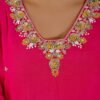 Festive Fuchsia Pink Chinnon Kurti & Dhoti Pant Set with Hand Embroidery ethnic wear for women, festive ethnic wear, festive suit set, lightweight silk blend suit, silk blend suit set, silk kurta set, women’s silk suit 