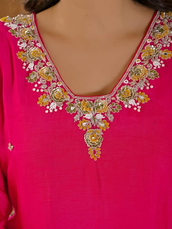 Festive Fuchsia Pink Chinnon Kurti & Dhoti Pant Set with Hand Embroidery ethnic wear for women, festive ethnic wear, festive suit set, lightweight silk blend suit, silk blend suit set, silk kurta set, women’s silk suit 