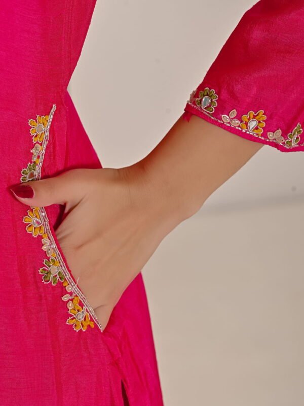 Festive Fuchsia Pink Chinnon Kurti & Dhoti Pant Set with Hand Embroidery ethnic wear for women, festive ethnic wear, festive suit set, lightweight silk blend suit, silk blend suit set, silk kurta set, women’s silk suit 