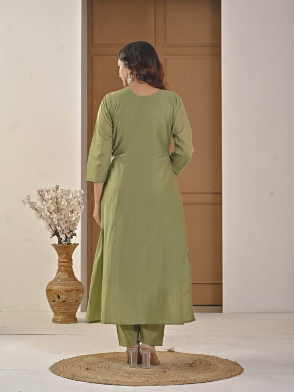 Saga Green Mul Chanderi A-Line Suit Set ethnic wear for women, festive ethnic wear, festive suit set, lightweight silk blend suit, silk blend suit set, silk kurta set, women’s silk suit 