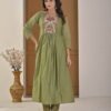 Saga Green Mul Chanderi A-Line Suit Set ethnic wear for women, festive ethnic wear, festive suit set, lightweight silk blend suit, silk blend suit set, silk kurta set, women’s silk suit 