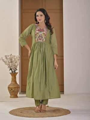 Saga Green Mul Chanderi A-Line Suit Set