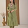 Saga Green Mul Chanderi A-Line Suit Set ethnic wear for women, festive ethnic wear, festive suit set, lightweight silk blend suit, silk blend suit set, silk kurta set, women’s silk suit 